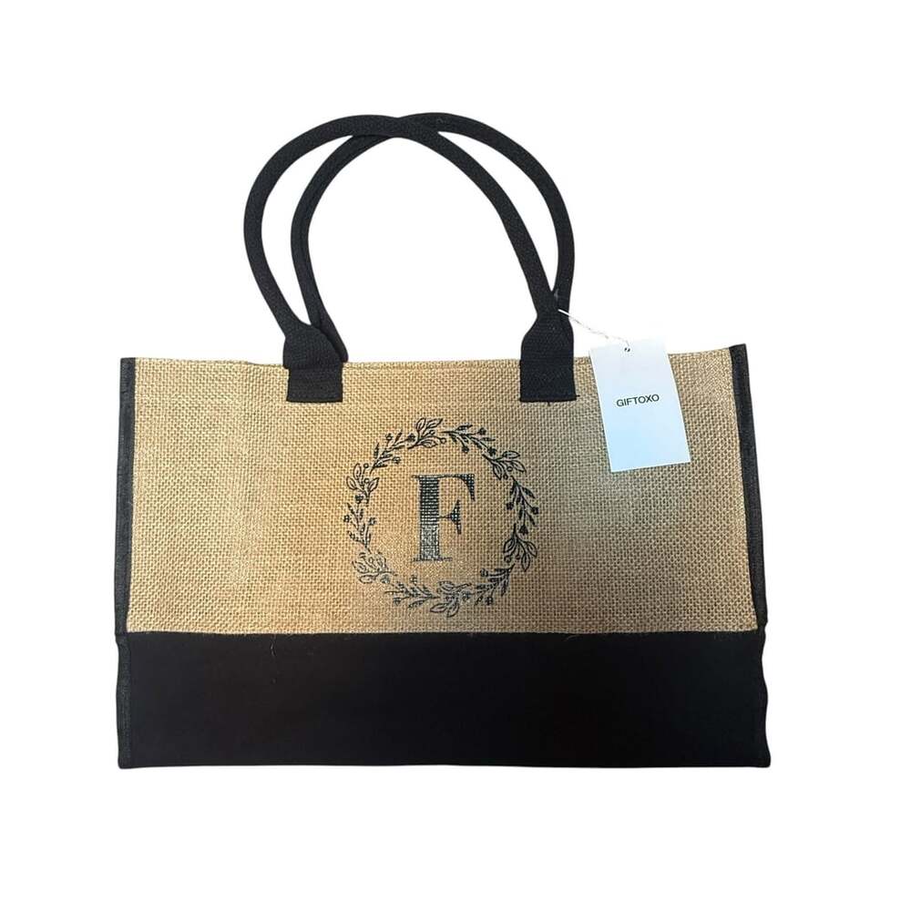Giftoxo Personalized Initial Monogram Wreath F Jute & Canvas Beach Tote Bag